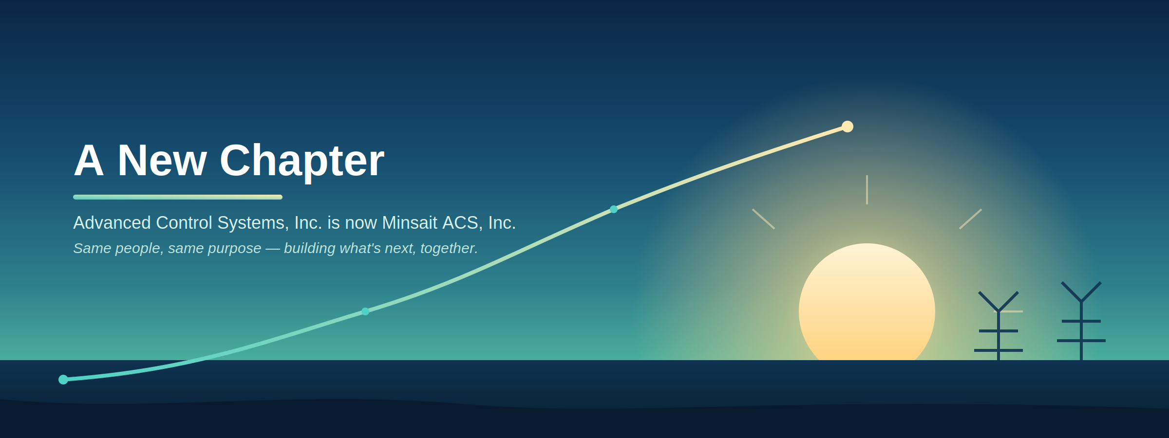 "Sunrise over transmission towers with an upward growth line, symbolizing Advanced Control Systems, Inc.'s transition to Minsait ACS, Inc."